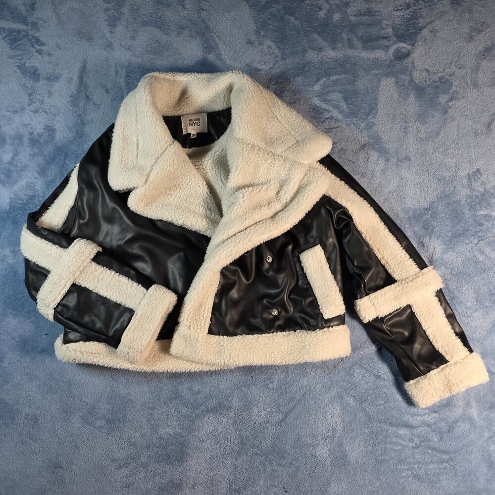Madden NYC Women’s M Faux Leather Shearling Moto Jacket Black Cream Cropped